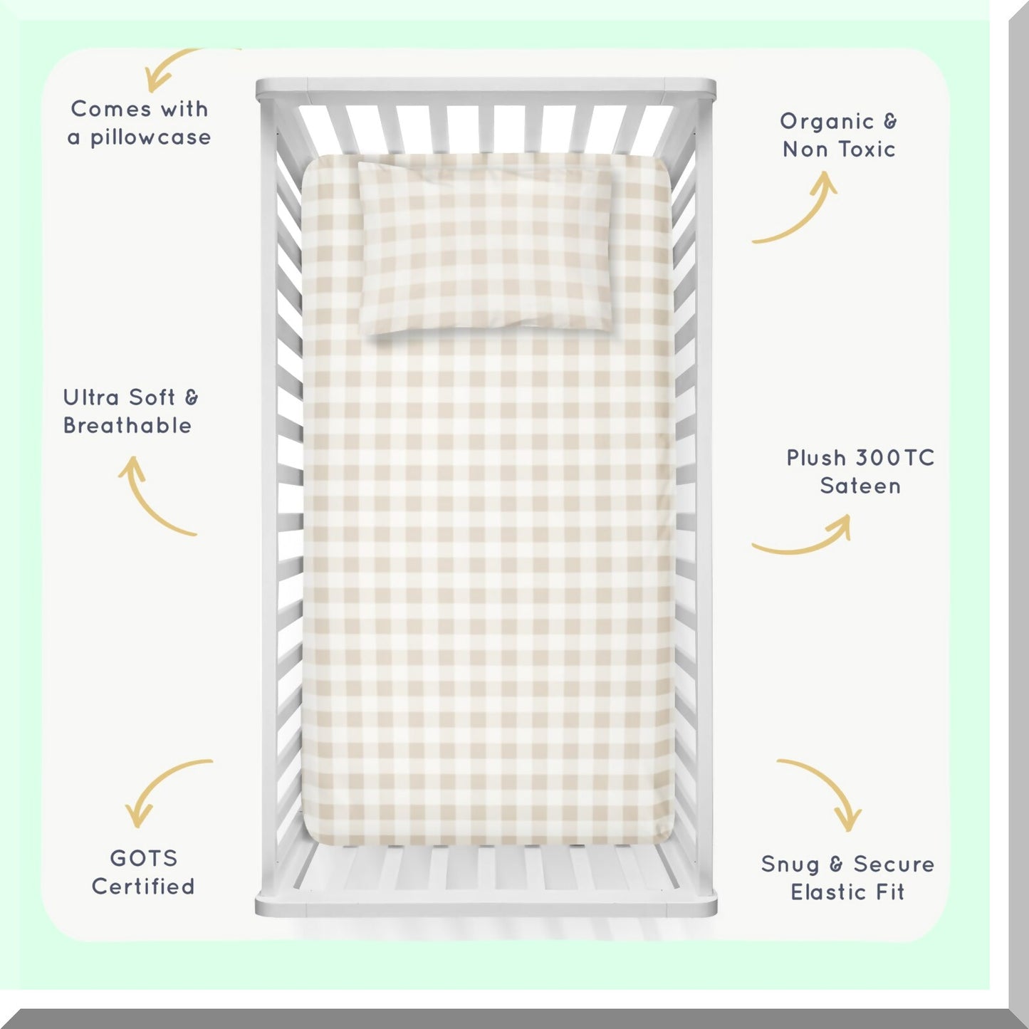 ButterSoft Breathable Crib Sheet Set - GOTS Cotton Fitted Sheet & Pillowcase - Hypoallergenic Beige Plaid Nursery Bedding - 28"x52" Neutral Brown
