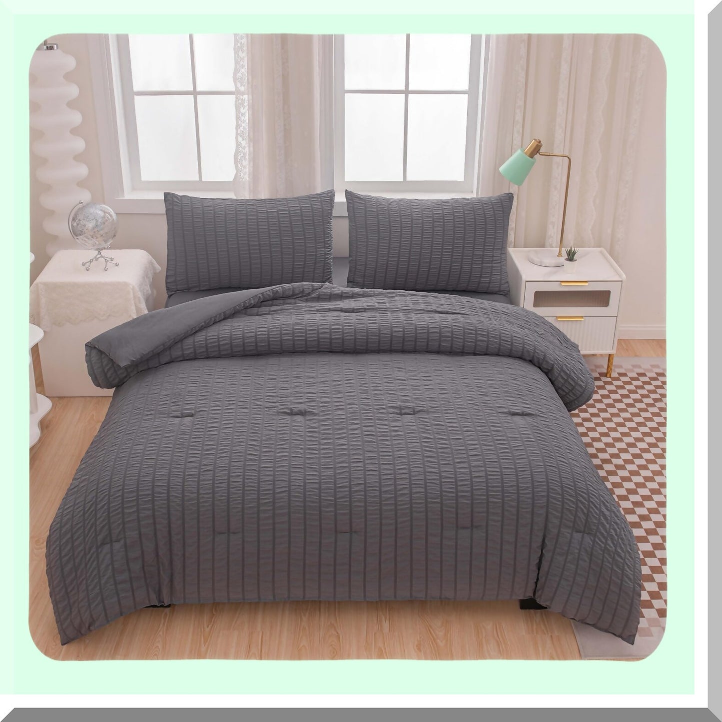 Dark Grey Seersucker Boho Comforter Set - 5 Piece Queen Size Bedding Set for Boys & Men - Lightweight Microfiber All Season Comforter (90x90In)