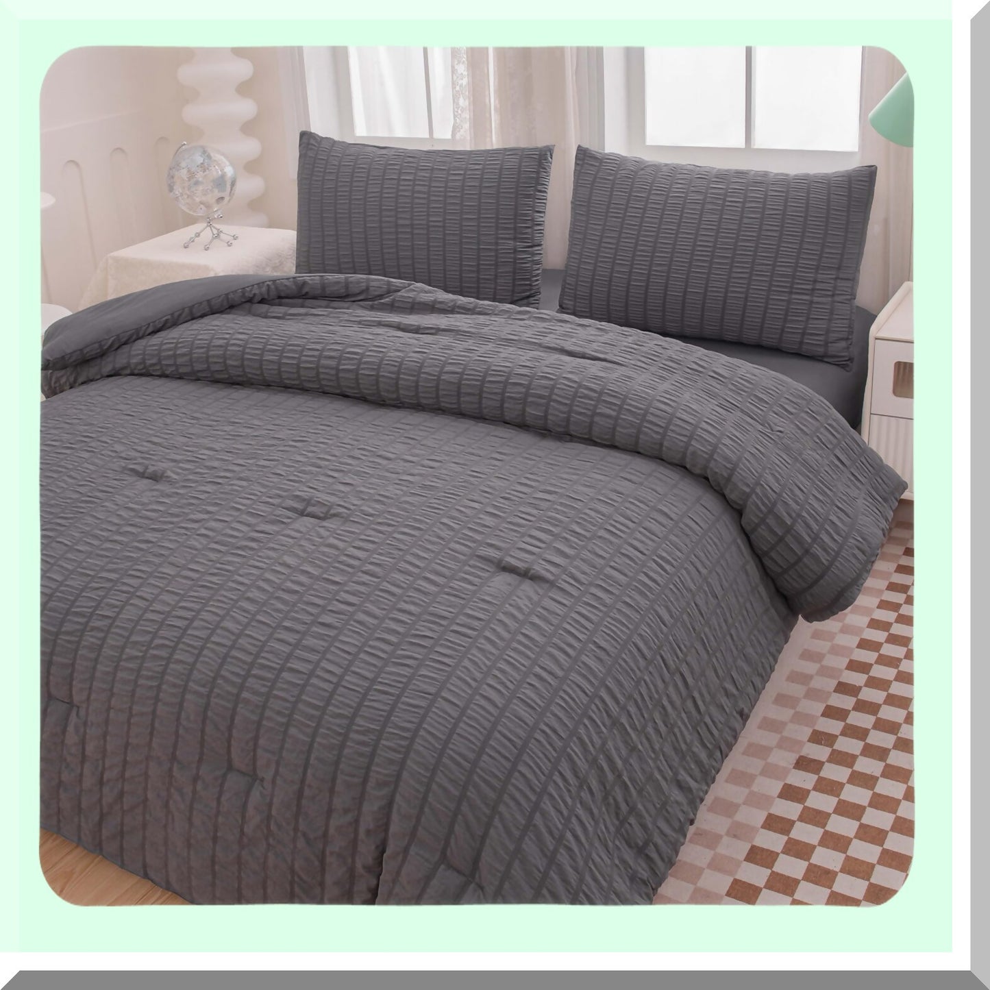 Dark Grey Seersucker Boho Comforter Set - 5 Piece Queen Size Bedding Set for Boys & Men - Lightweight Microfiber All Season Comforter (90x90In)