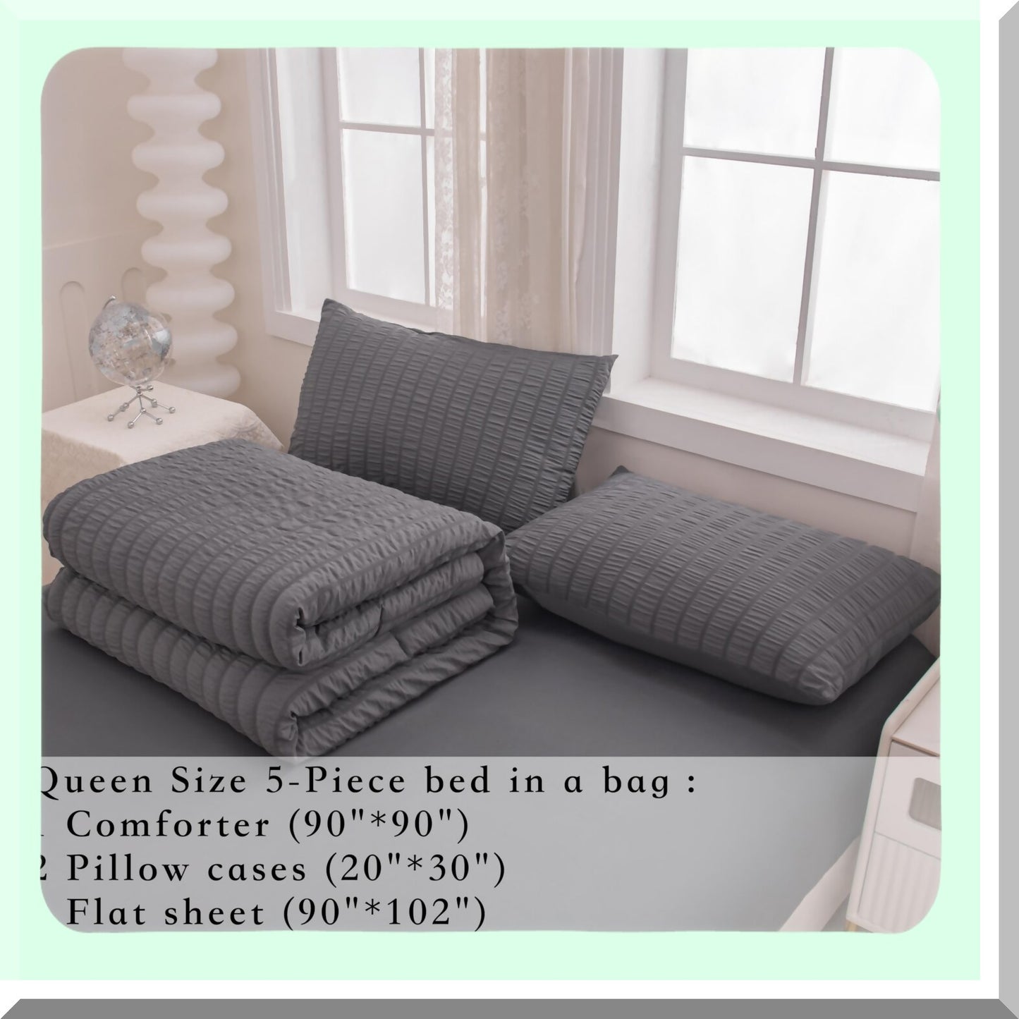 Dark Grey Seersucker Boho Comforter Set - 5 Piece Queen Size Bedding Set for Boys & Men - Lightweight Microfiber All Season Comforter (90x90In)