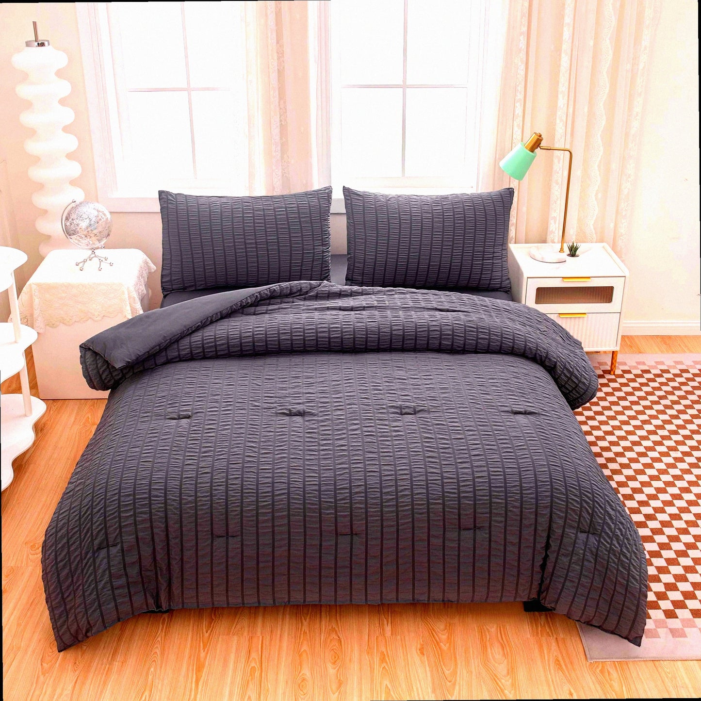 Dark Grey Seersucker Boho Comforter Set - 5 Piece Queen Size Bedding Set for Boys & Men - Lightweight Microfiber All Season Comforter (90x90In)