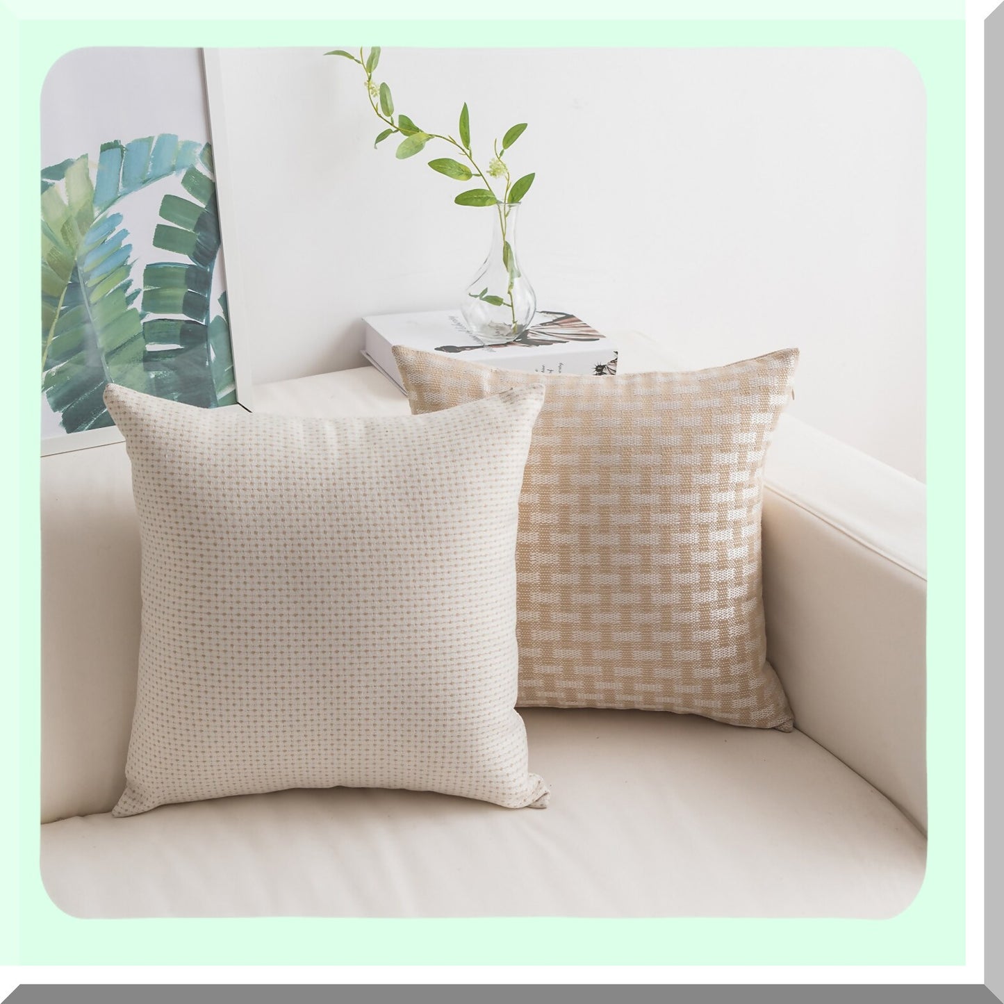 Textured Farmhouse Accent Pillow Covers - Set of 2 Decorative Square Cushion Covers for Sofa - Modern White Beige 18x18 inches