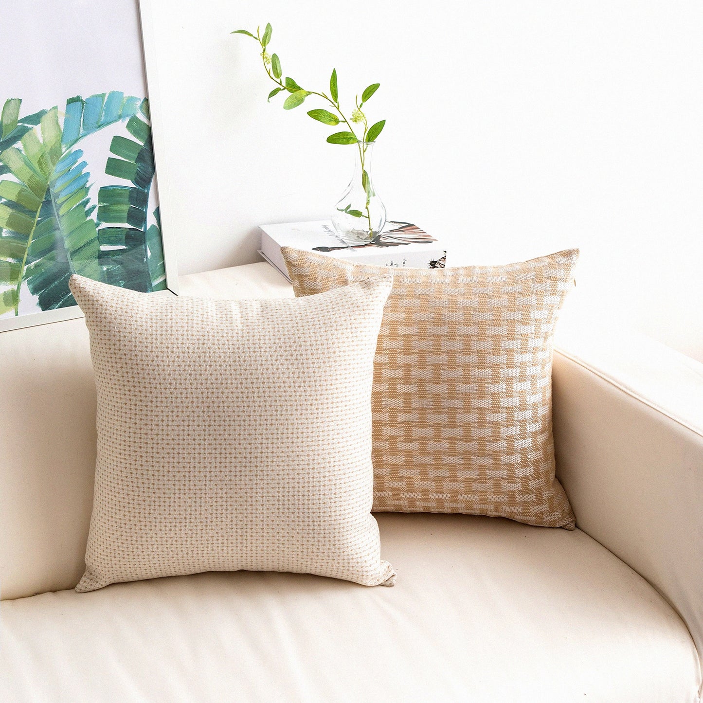 Textured Farmhouse Accent Pillow Covers - Set of 2 Decorative Square Cushion Covers for Sofa - Modern White Beige 18x18 inches
