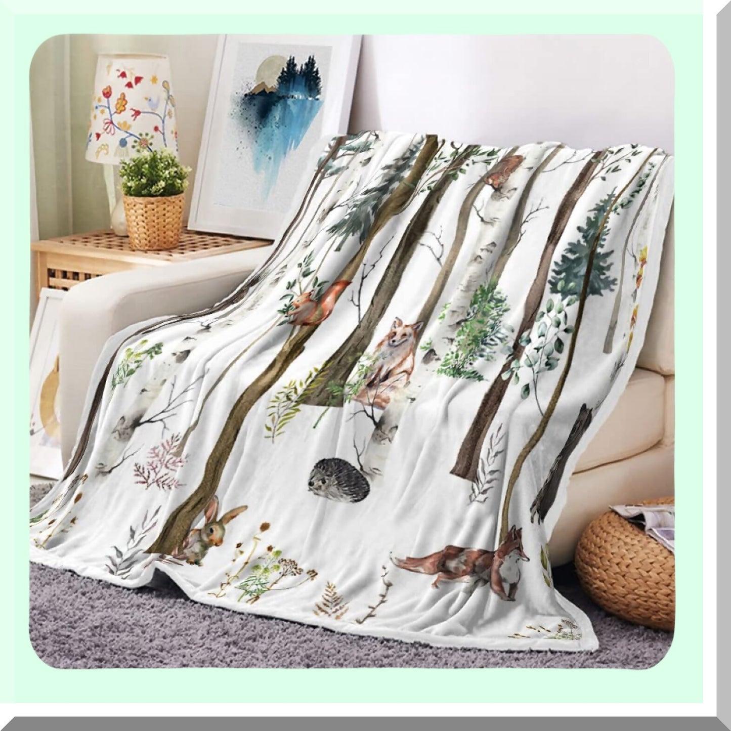 Wildwood Lodge Fleece Blanket - Cozy Rustic Forest Cabin Throw with Bear, Moose, Deer, and Fox Design, Soft Plush Comfort, 50x60IN