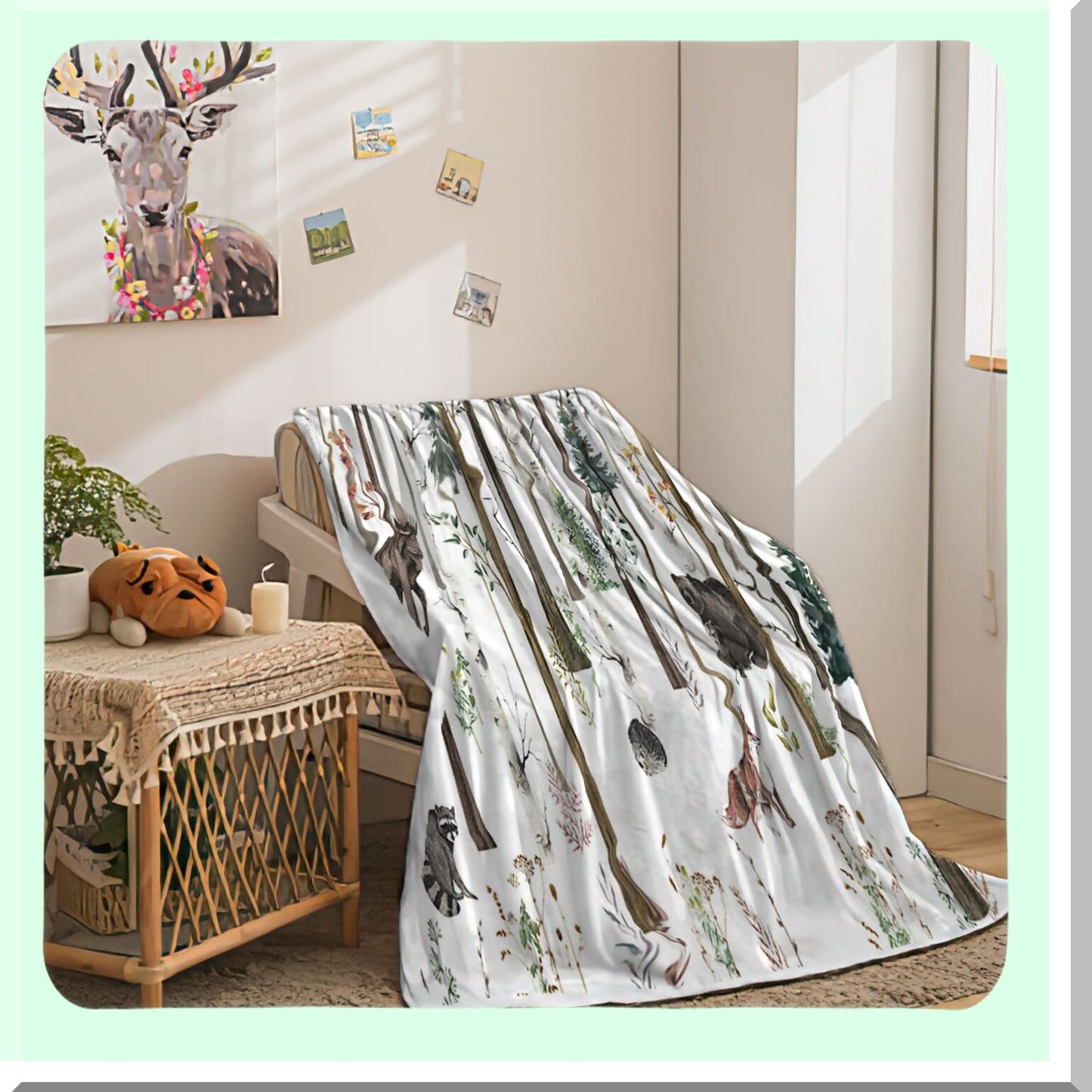 Wildwood Lodge Fleece Blanket - Cozy Rustic Forest Cabin Throw with Bear, Moose, Deer, and Fox Design, Soft Plush Comfort, 50x60IN