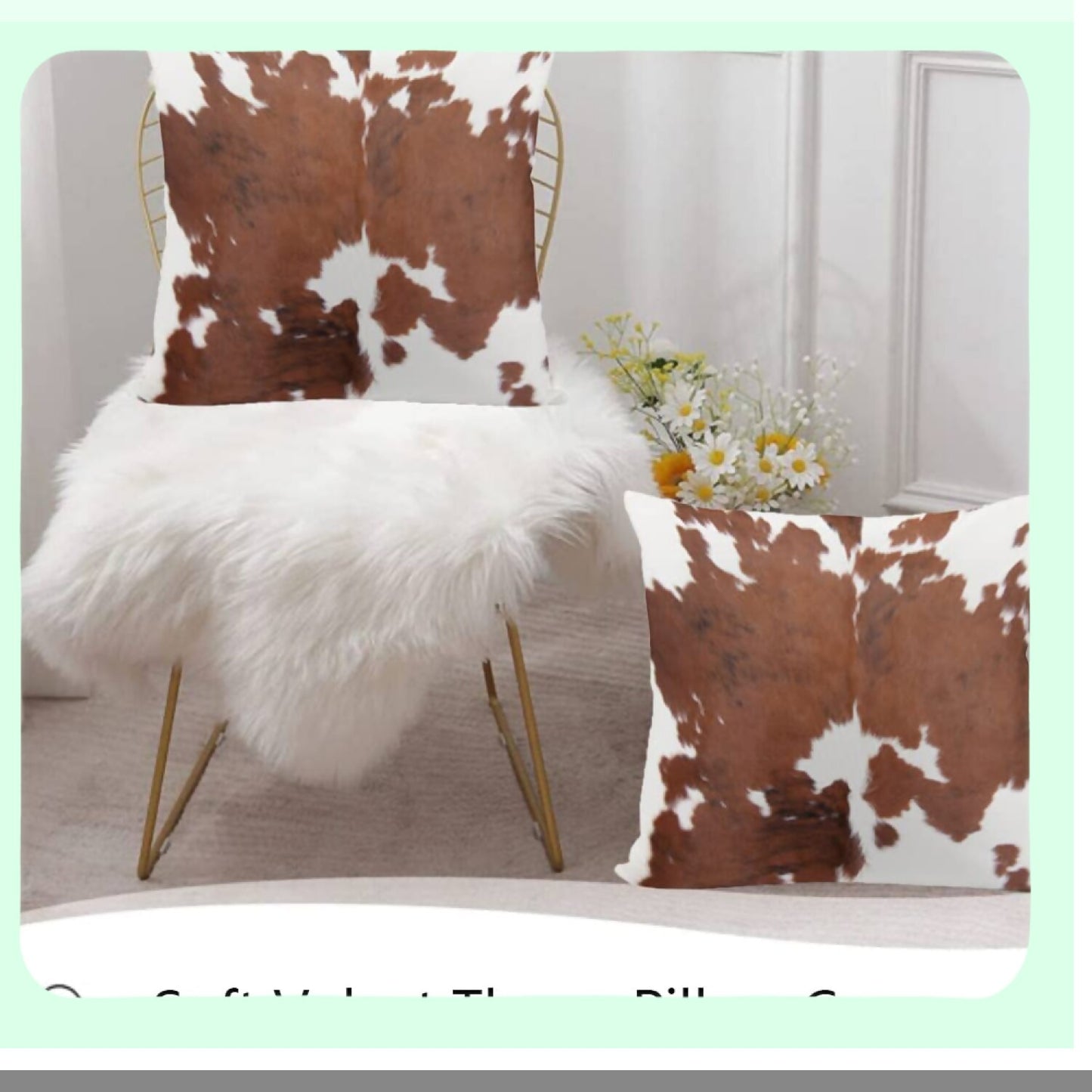 Cowhide Farmhouse Decor Pillow Cover - Brown White Cow Print Western Home Cushion - Sofa Bedroom 18x18 Inch Velvet - Farm Animal Theme