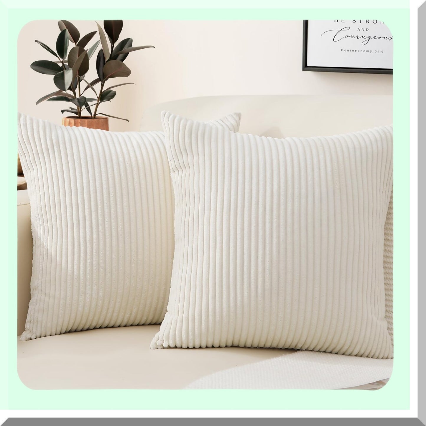 Soft Striped Corduroy Pillow Covers - Set of 2 18x18 Decorative Square Cushion Cases for Living Room, Bed, Sofa - Cream White Cozy Throw Pillows