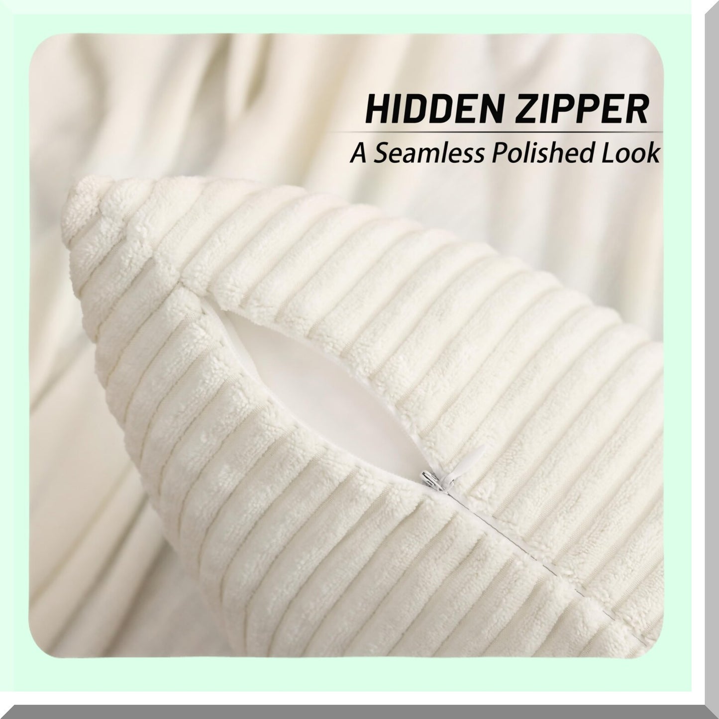 Soft Striped Corduroy Pillow Covers - Set of 2 18x18 Decorative Square Cushion Cases for Living Room, Bed, Sofa - Cream White Cozy Throw Pillows