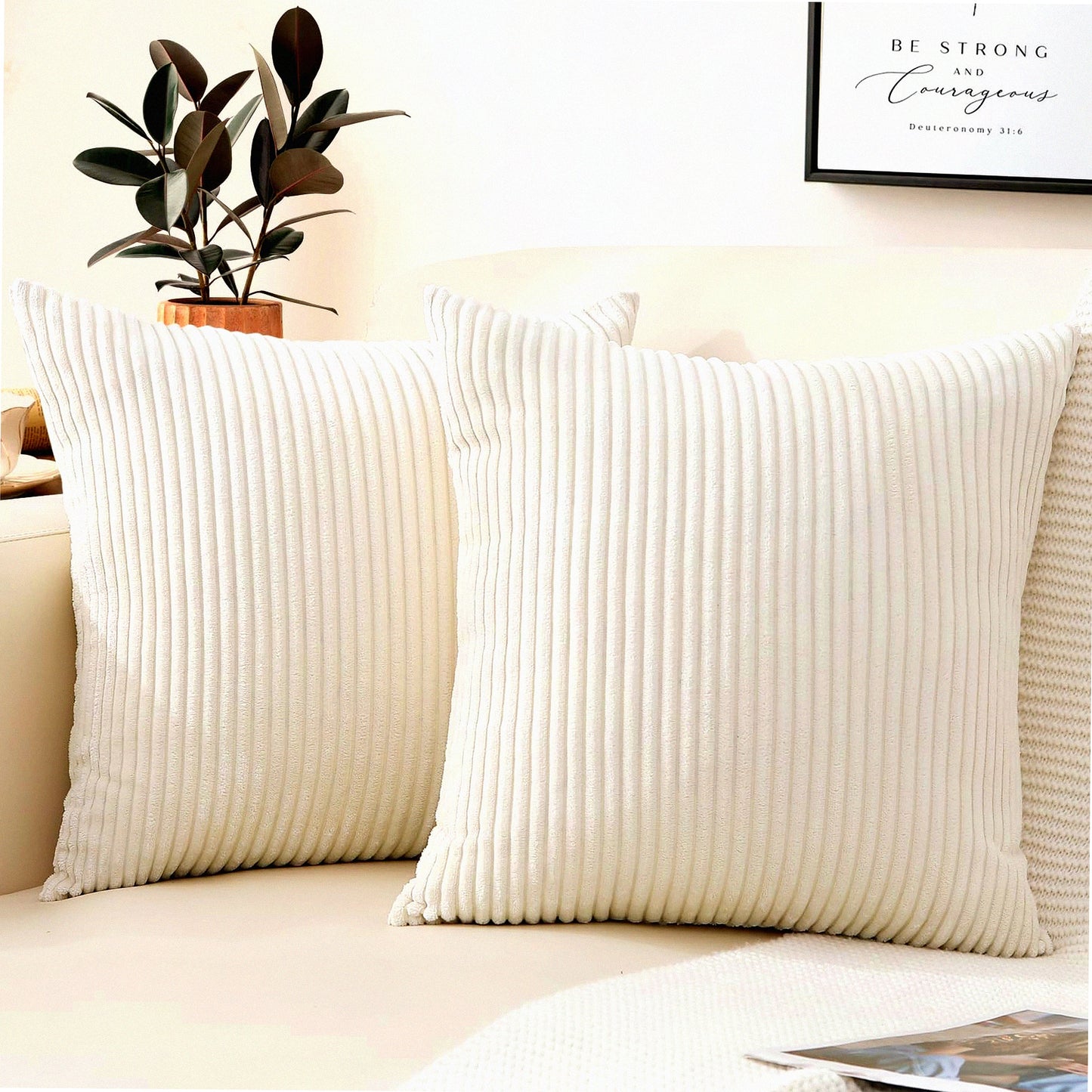 Soft Striped Corduroy Pillow Covers - Set of 2 18x18 Decorative Square Cushion Cases for Living Room, Bed, Sofa - Cream White Cozy Throw Pillows