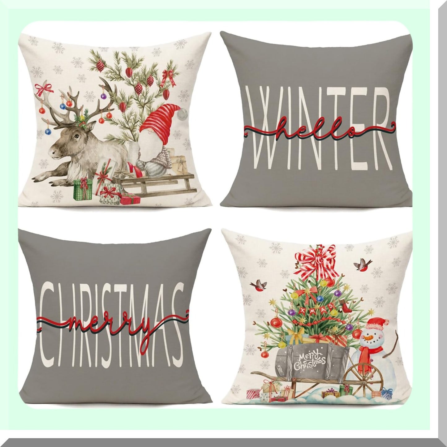 Winter Wonderland Farmhouse Pillow Cover Set - 18x18 Snowman Deer Tree Holiday Cushion Cases for Living Room, Bed, Sofa, Bench - Indoor/Outdoor Grey Decor
