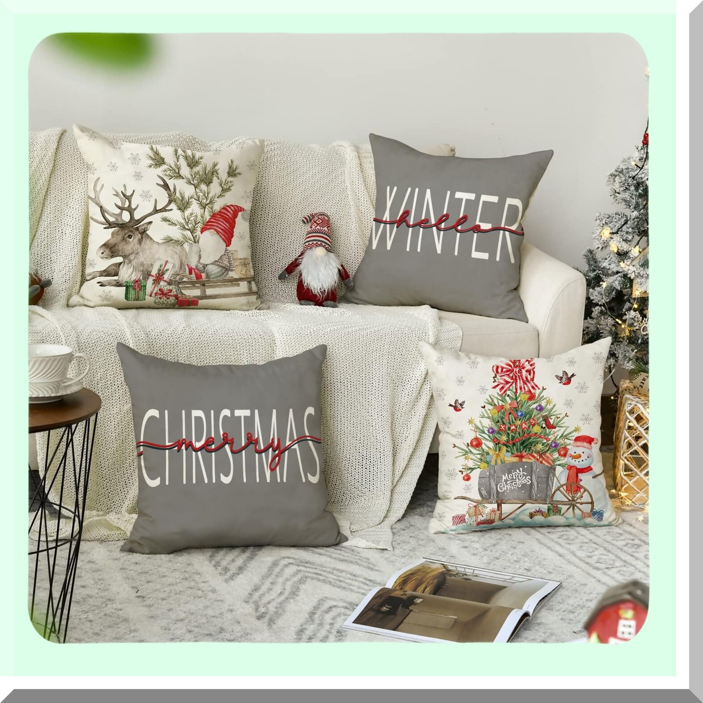 Winter Wonderland Farmhouse Pillow Cover Set - 18x18 Snowman Deer Tree Holiday Cushion Cases for Living Room, Bed, Sofa, Bench - Indoor/Outdoor Grey Decor