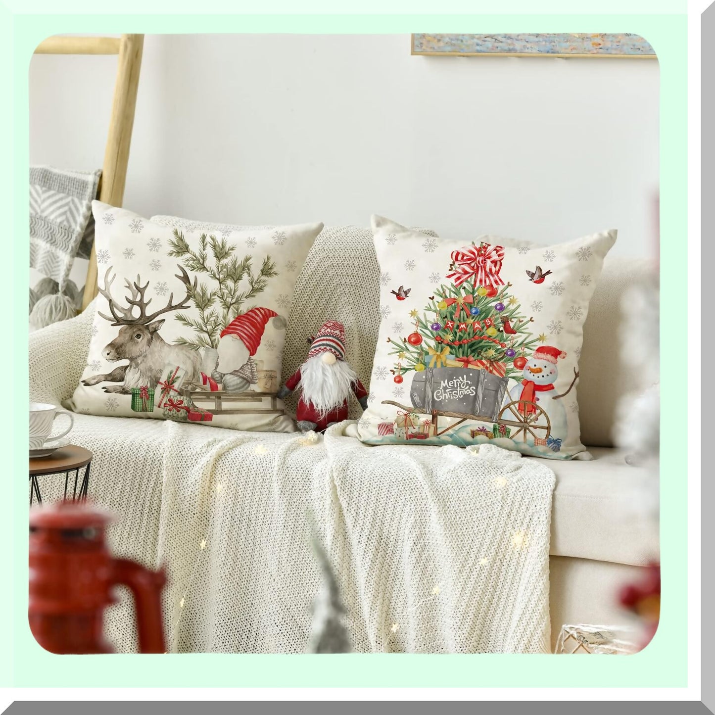 Winter Wonderland Farmhouse Pillow Cover Set - 18x18 Snowman Deer Tree Holiday Cushion Cases for Living Room, Bed, Sofa, Bench - Indoor/Outdoor Grey Decor