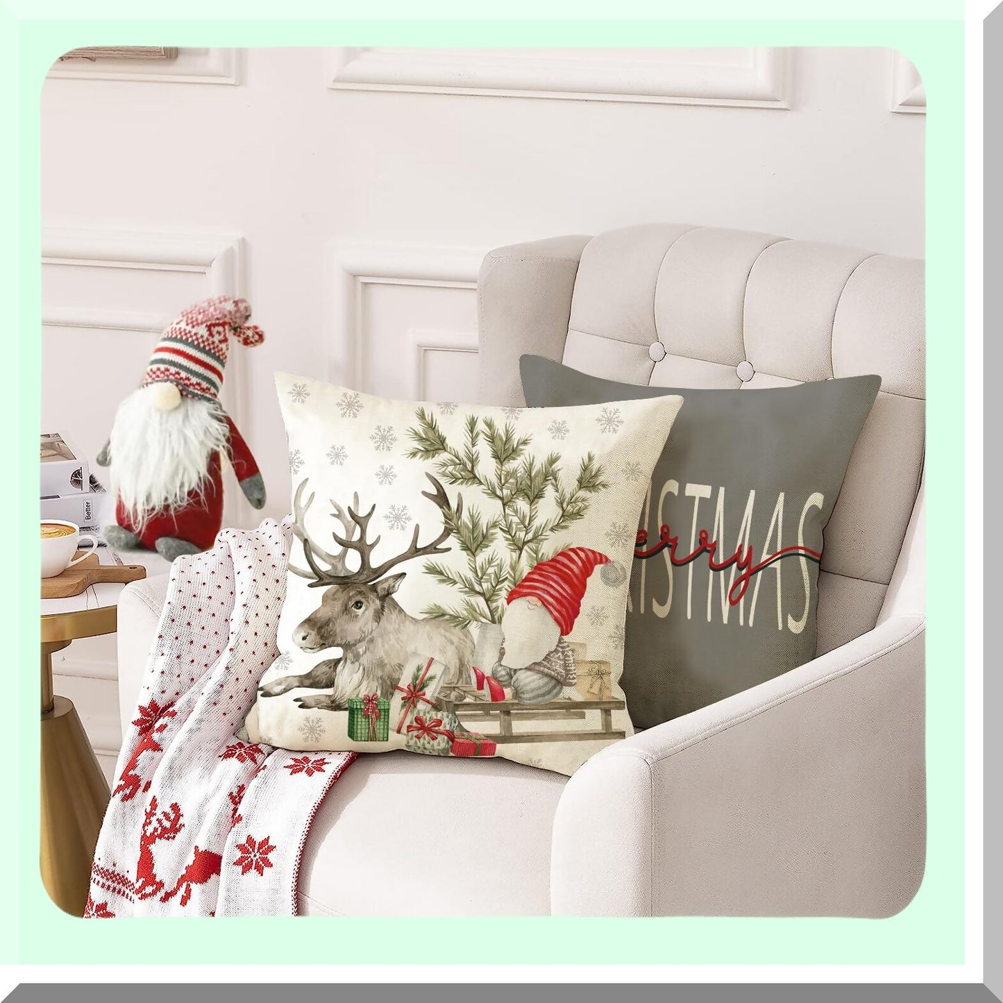 Winter Wonderland Farmhouse Pillow Cover Set - 18x18 Snowman Deer Tree Holiday Cushion Cases for Living Room, Bed, Sofa, Bench - Indoor/Outdoor Grey Decor