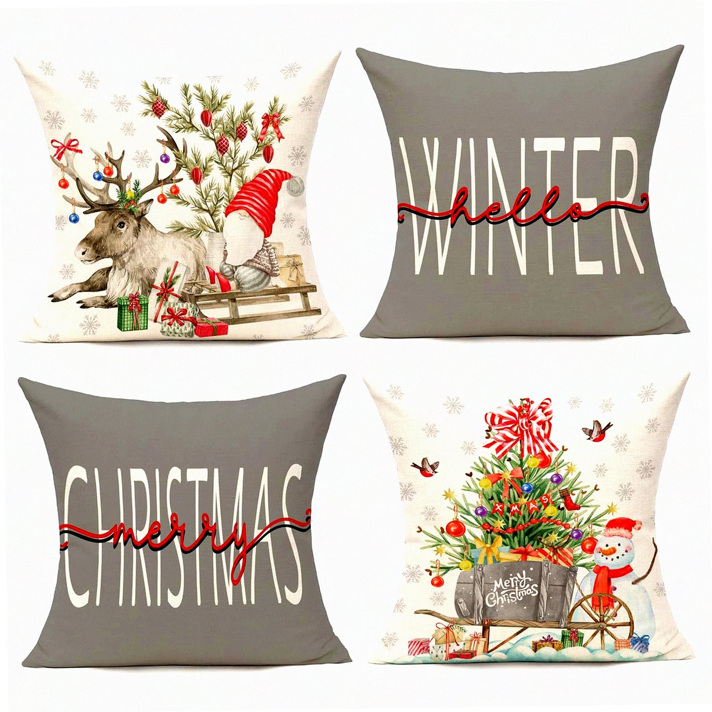Winter Wonderland Farmhouse Pillow Cover Set - 18x18 Snowman Deer Tree Holiday Cushion Cases for Living Room, Bed, Sofa, Bench - Indoor/Outdoor Grey Decor