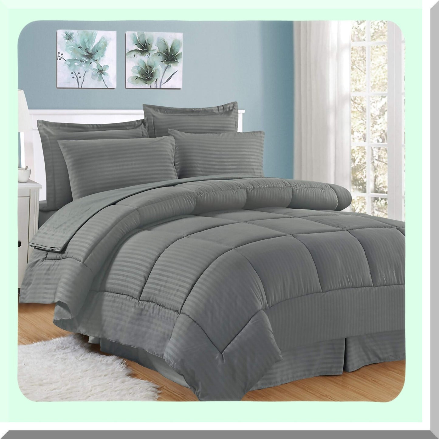 Luxury Stripe Comforter Set - 8 Piece Bedding Bundle with Sheet Set, Bed Skirt, and Sham Set - Gray Bedroom Decor Collection