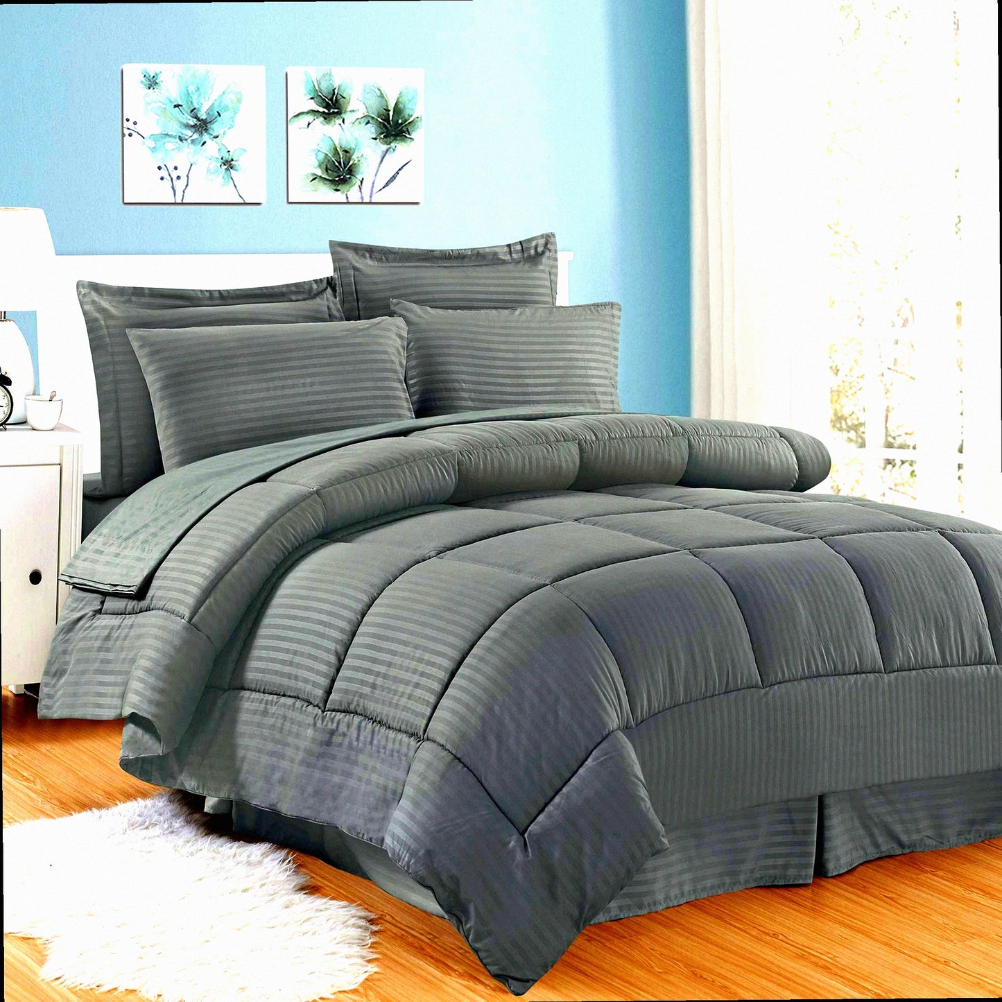 Luxury Stripe Comforter Set - 8 Piece Bedding Bundle with Sheet Set, Bed Skirt, and Sham Set - Gray Bedroom Decor Collection