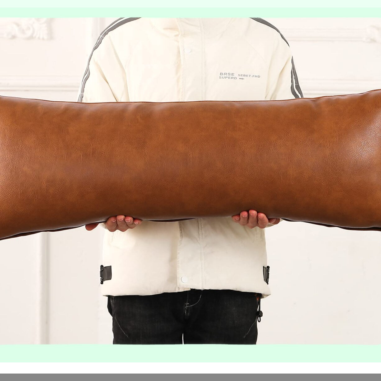 Boho Leather Lumbar Pillow Cover - 14x40 Modern Farmhouse Cushion Case for Sofa Couch Bed, Vegan Brown Decorative Living Room Accent