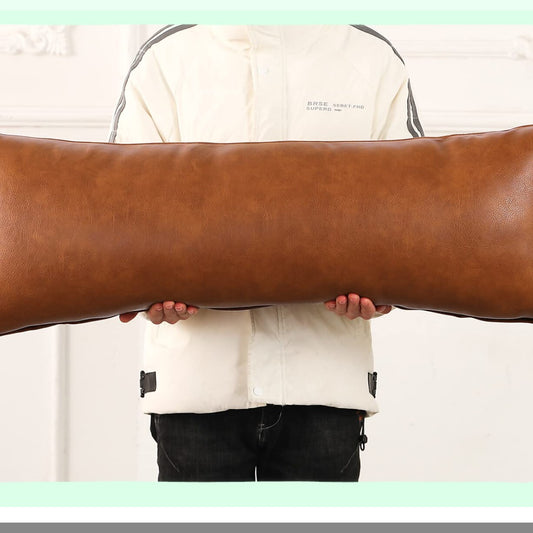 Boho Leather Lumbar Pillow Cover - 14x40 Modern Farmhouse Cushion Case for Sofa Couch Bed, Vegan Brown Decorative Living Room Accent
