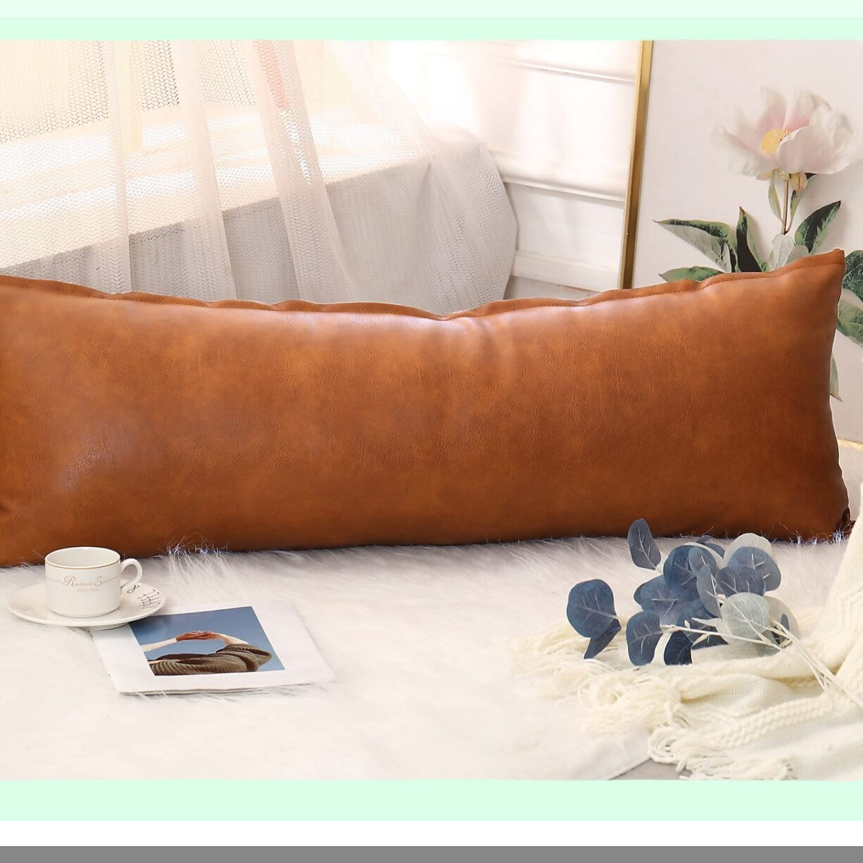 Boho Leather Lumbar Pillow Cover - 14x40 Modern Farmhouse Cushion Case for Sofa Couch Bed, Vegan Brown Decorative Living Room Accent