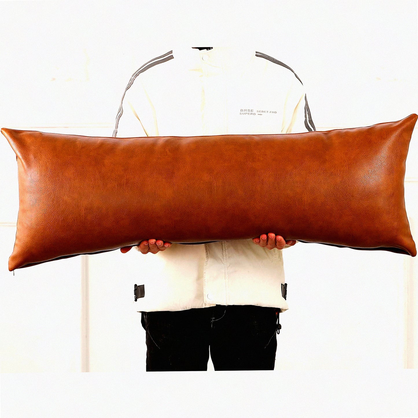 Boho Leather Lumbar Pillow Cover - 14x40 Modern Farmhouse Cushion Case for Sofa Couch Bed, Vegan Brown Decorative Living Room Accent