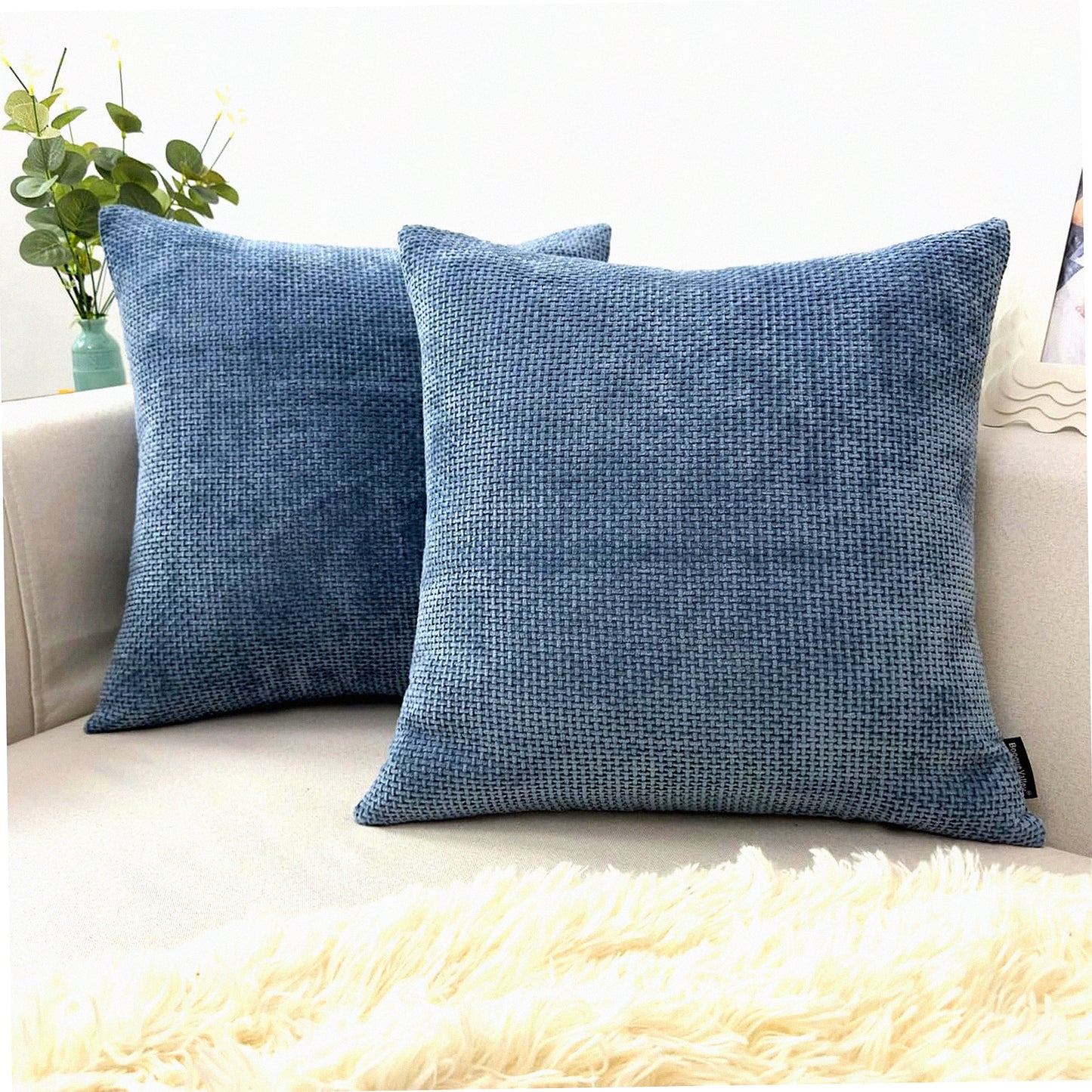 Chenille Wave Texture Pillow Covers - Modern Decorative Cushion Cases for Bed Sofa - Handmade Chunky Accent Daily Pillowcases - Set of 2 (18 x 18 inch, Blue)