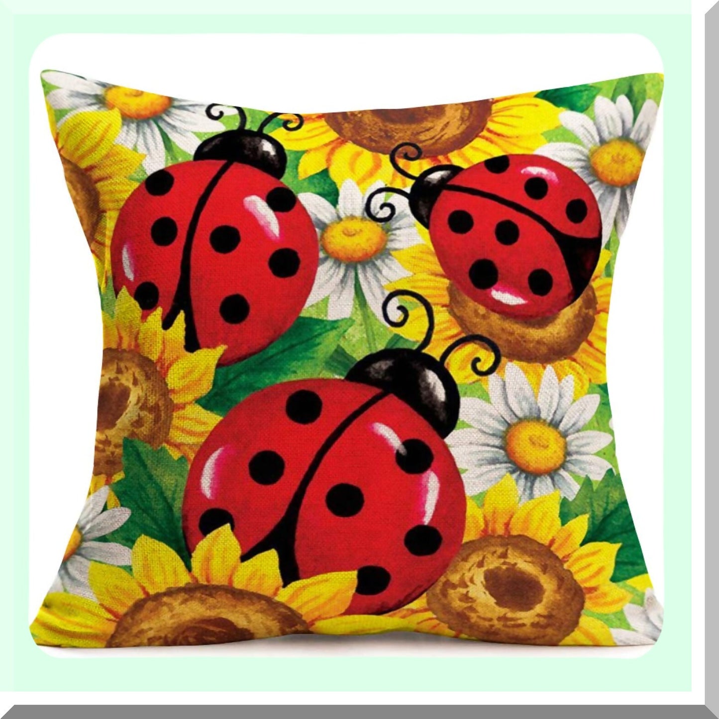 Sunflower Ladybugs Farmhouse Pillow Covers - Decorative Throw Cases for Kids Room Sofa - Outdoor Indoor Square Cushion 16x16 inch Home Decor