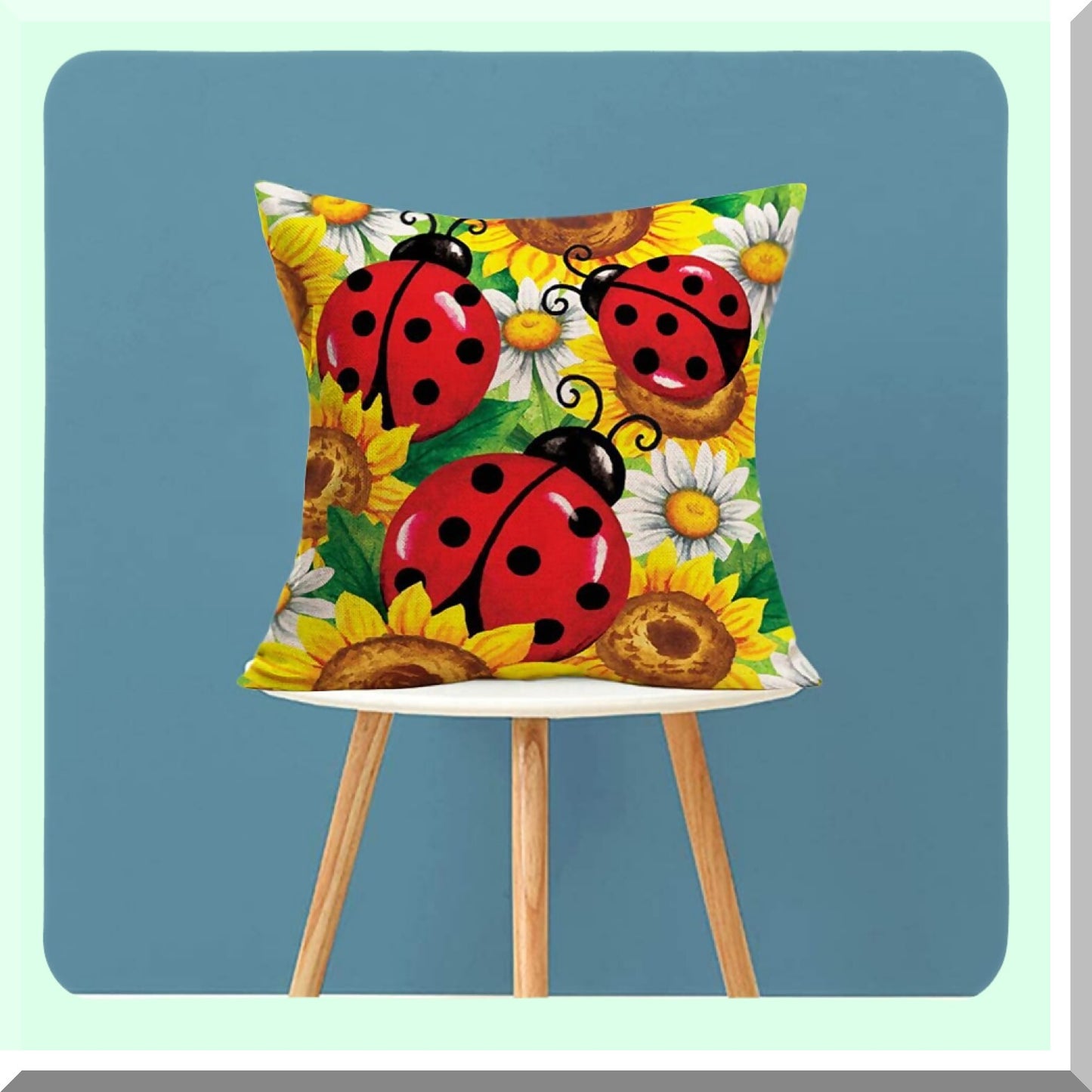 Sunflower Ladybugs Farmhouse Pillow Covers - Decorative Throw Cases for Kids Room Sofa - Outdoor Indoor Square Cushion 16x16 inch Home Decor