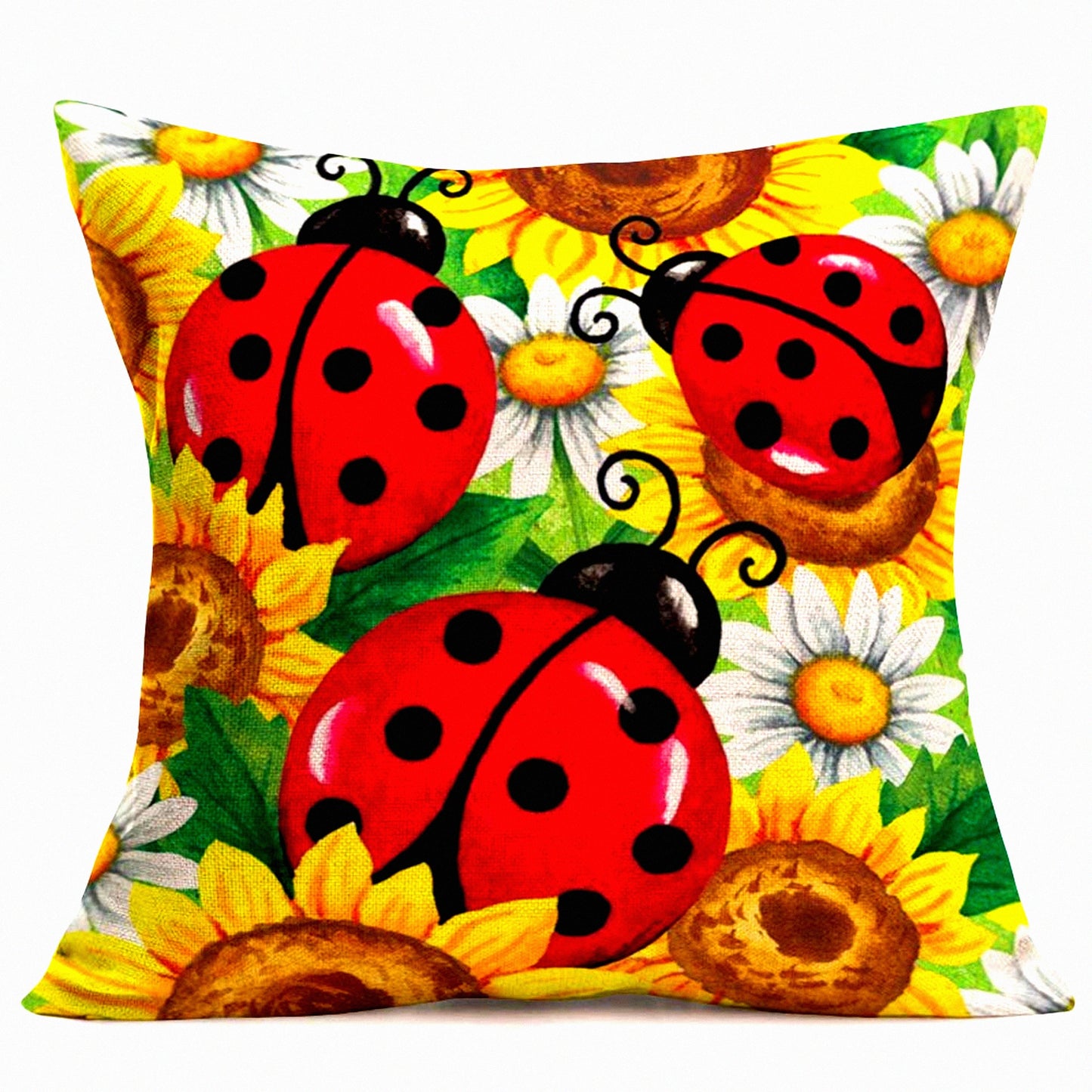 Sunflower Ladybugs Farmhouse Pillow Covers - Decorative Throw Cases for Kids Room Sofa - Outdoor Indoor Square Cushion 16x16 inch Home Decor