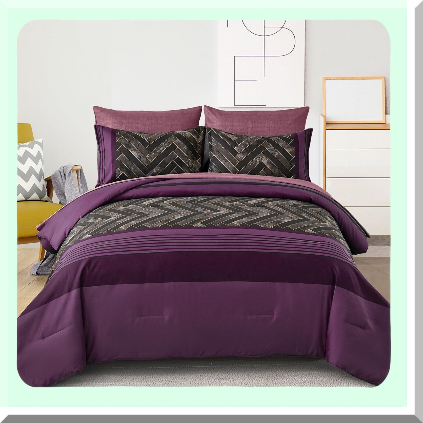 UltraPlush Purple Stripe 7-Piece Bedding Set - Geometric Comforter & Sheet Set - Soft Microfiber - All Seasons - Complete Bed in a Bag