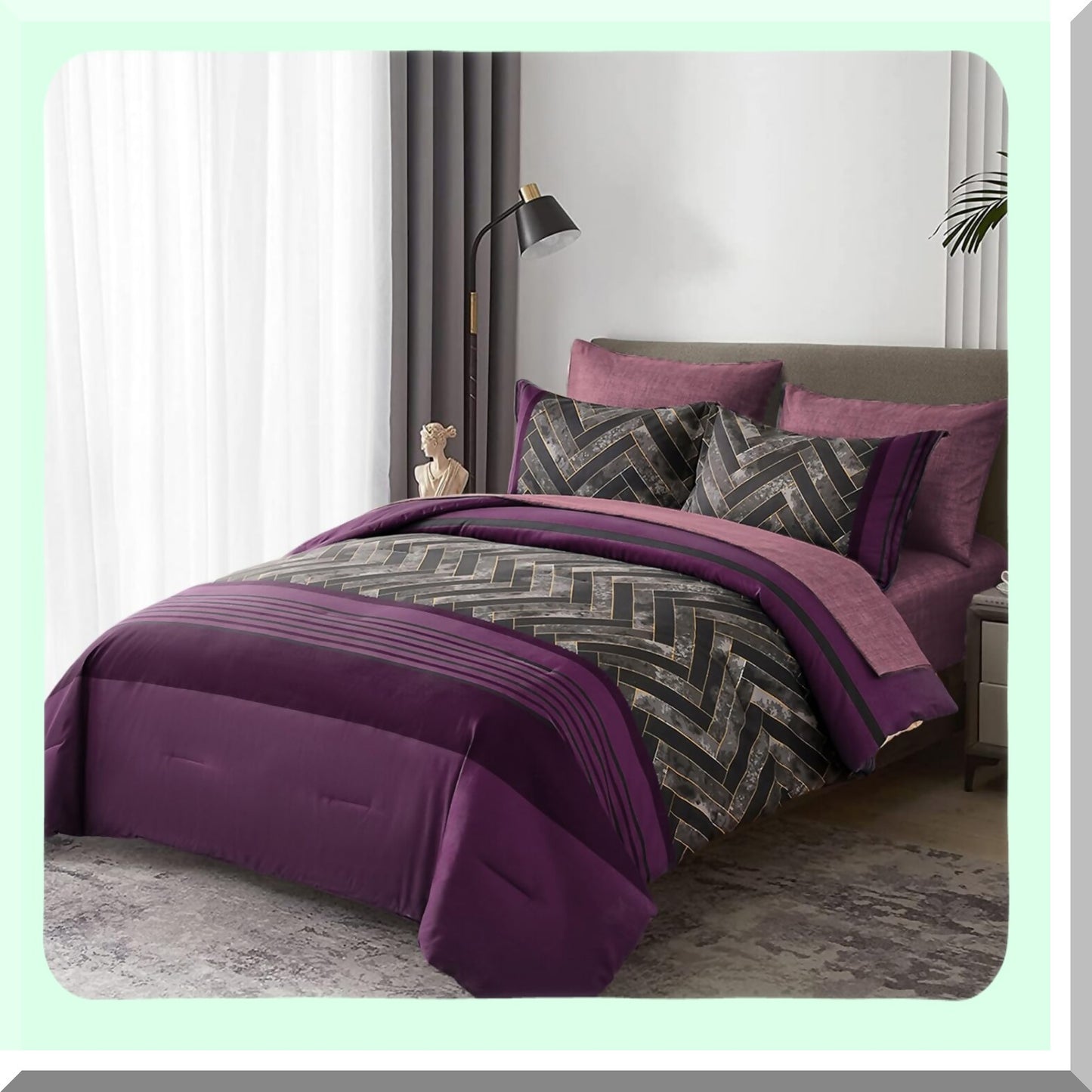 UltraPlush Purple Stripe 7-Piece Bedding Set - Geometric Comforter & Sheet Set - Soft Microfiber - All Seasons - Complete Bed in a Bag