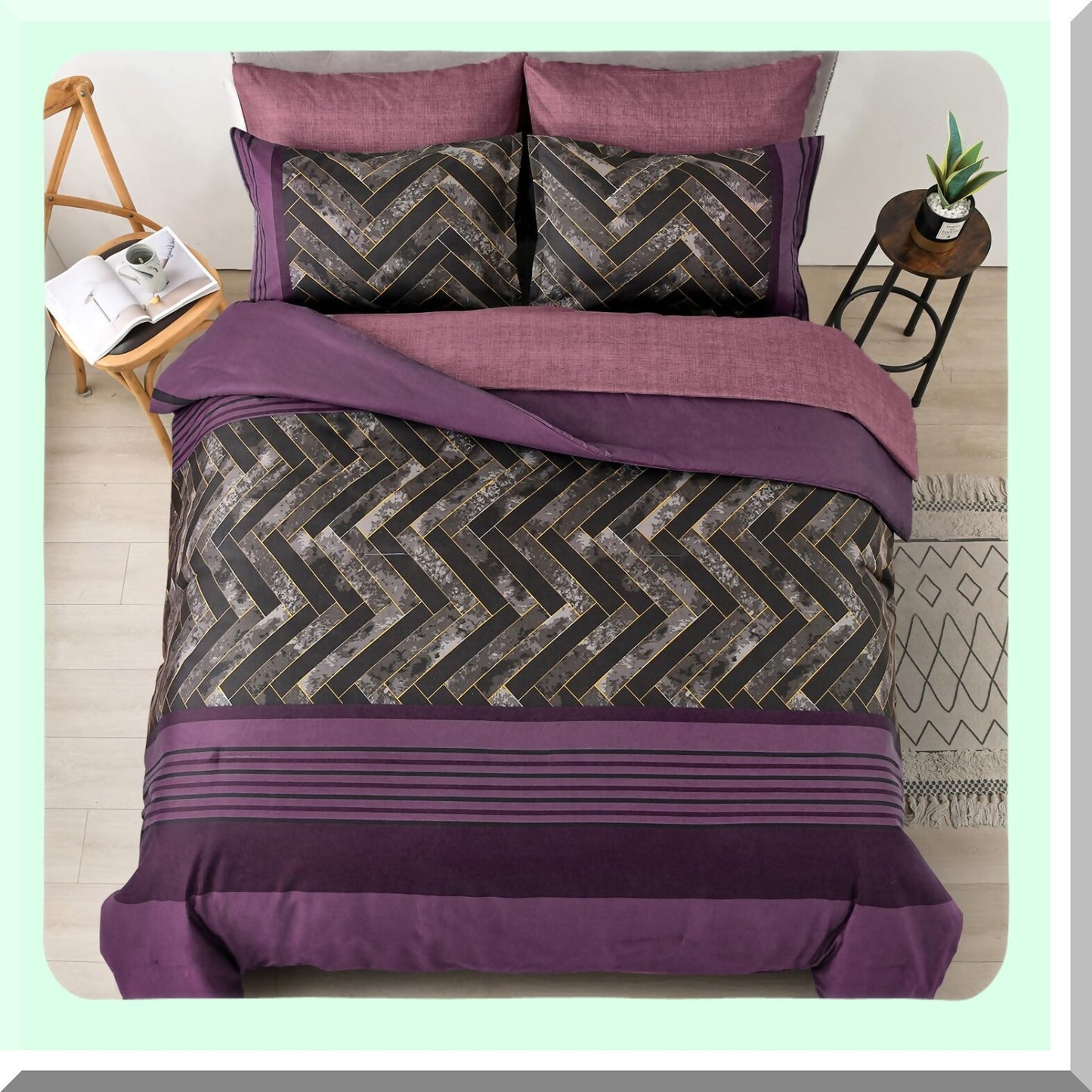UltraPlush Purple Stripe 7-Piece Bedding Set - Geometric Comforter & Sheet Set - Soft Microfiber - All Seasons - Complete Bed in a Bag