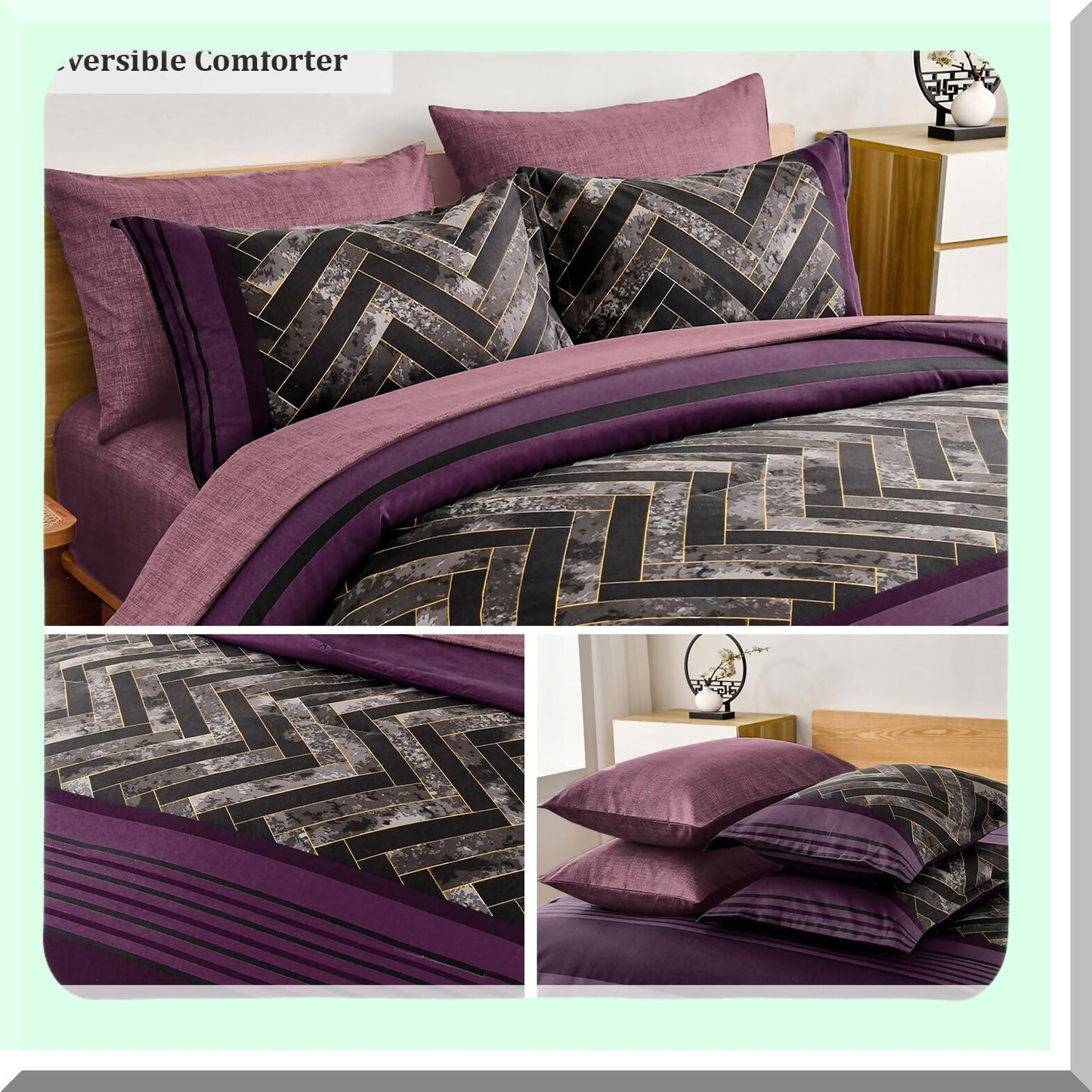 UltraPlush Purple Stripe 7-Piece Bedding Set - Geometric Comforter & Sheet Set - Soft Microfiber - All Seasons - Complete Bed in a Bag