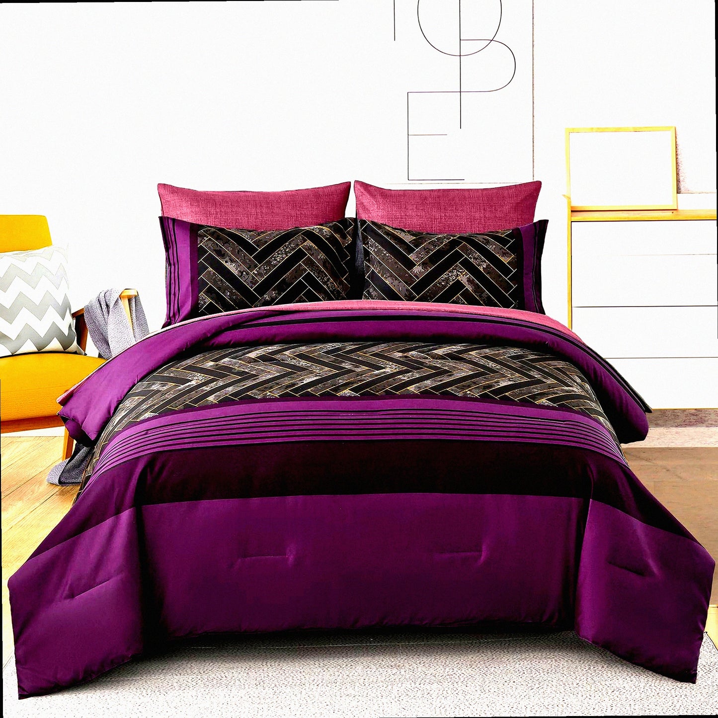 UltraPlush Purple Stripe 7-Piece Bedding Set - Geometric Comforter & Sheet Set - Soft Microfiber - All Seasons - Complete Bed in a Bag