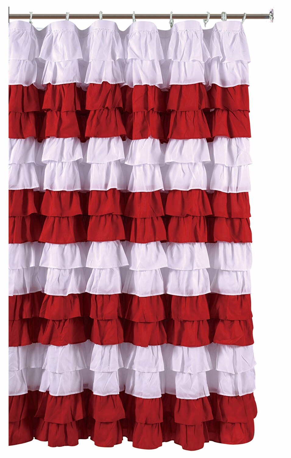 Waterfall Ruffled Fabric Shower Curtain 72x72 White/Red