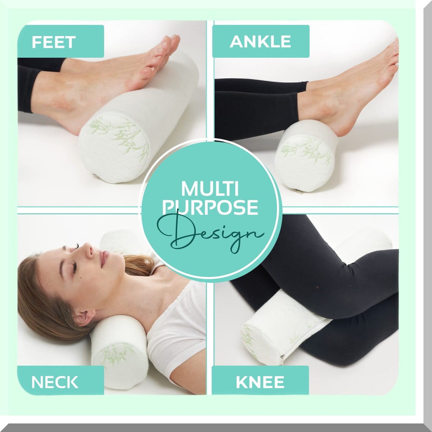 Bamboo Memory Foam Neck Roll Pillow - Supportive Round Bolster for Sleeping, Bed, Legs, Back, Yoga - 2 Pack, 4"x17" - Cervical Support