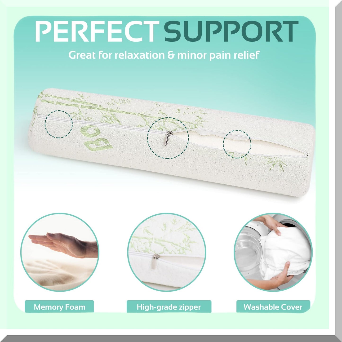 Bamboo Memory Foam Neck Roll Pillow - Supportive Round Bolster for Sleeping, Bed, Legs, Back, Yoga - 2 Pack, 4"x17" - Cervical Support