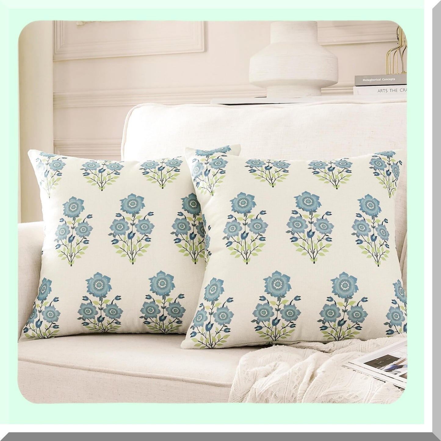 Chinoiserie Blue Floral Pillow Cover Set - 18x18 Inch Linen Cushion Case for Couch Sofa - Mughal Flower Throw Pillow Cover for Living Room Decor