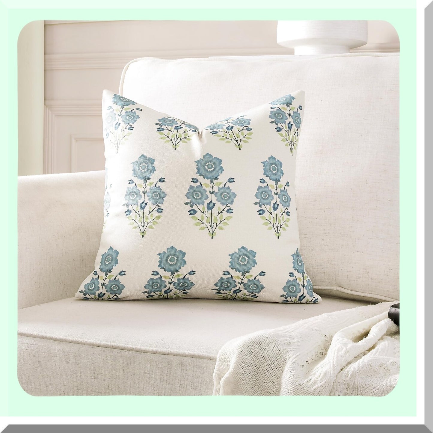 Chinoiserie Blue Floral Pillow Cover Set - 18x18 Inch Linen Cushion Case for Couch Sofa - Mughal Flower Throw Pillow Cover for Living Room Decor