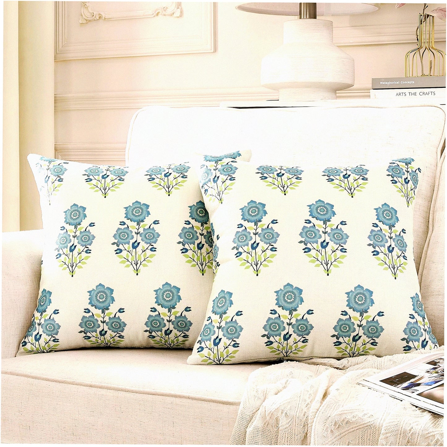 Chinoiserie Blue Floral Pillow Cover Set - 18x18 Inch Linen Cushion Case for Couch Sofa - Mughal Flower Throw Pillow Cover for Living Room Decor