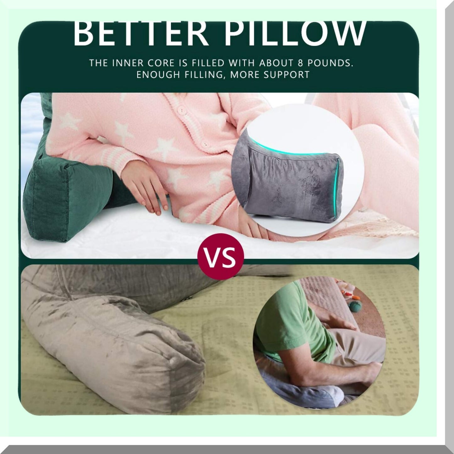 ComfortMax Memory Foam Support Pillow - Plush Backrest Cushion with Washable Cover - Ideal for Reading, Watching TV, Gaming - Dark Green - 30 x 22 x 18 inches