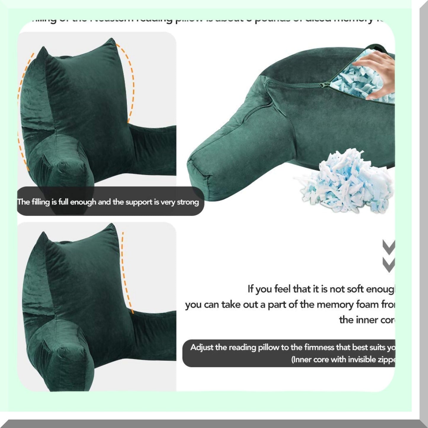 ComfortMax Memory Foam Support Pillow - Plush Backrest Cushion with Washable Cover - Ideal for Reading, Watching TV, Gaming - Dark Green - 30 x 22 x 18 inches