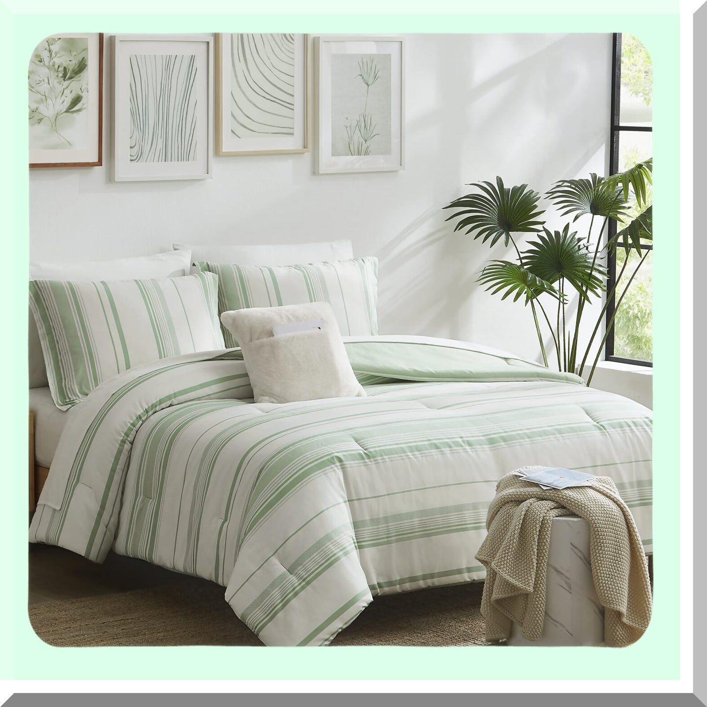 Green Stripe Comforter Set - 8 Piece Queen Bedding Bundle | All Season Lightweight & Breathable Bed in A Bag | Warm & Cozy Queen Bed Set with Sheets