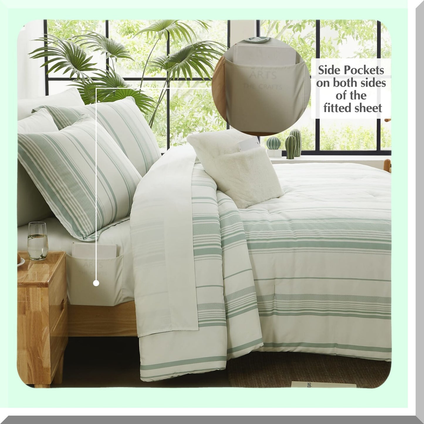 Green Stripe Comforter Set - 8 Piece Queen Bedding Bundle | All Season Lightweight & Breathable Bed in A Bag | Warm & Cozy Queen Bed Set with Sheets