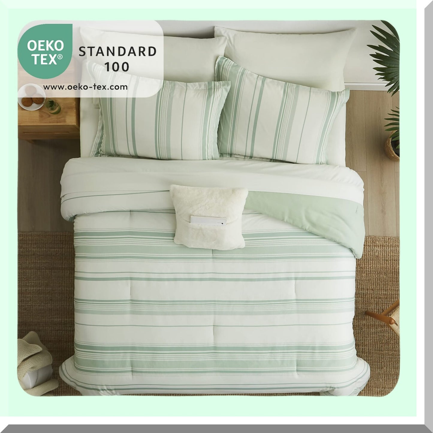Green Stripe Comforter Set - 8 Piece Queen Bedding Bundle | All Season Lightweight & Breathable Bed in A Bag | Warm & Cozy Queen Bed Set with Sheets