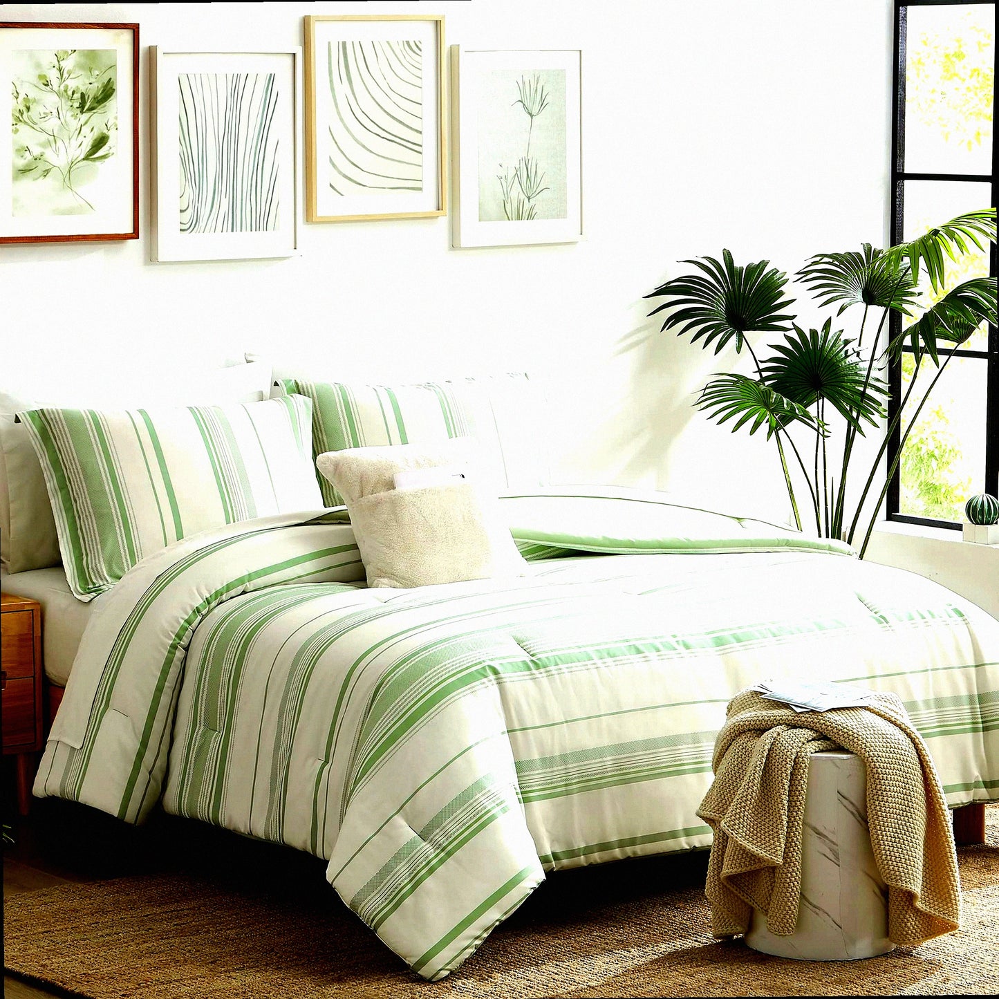 Green Stripe Comforter Set - 8 Piece Queen Bedding Bundle | All Season Lightweight & Breathable Bed in A Bag | Warm & Cozy Queen Bed Set with Sheets