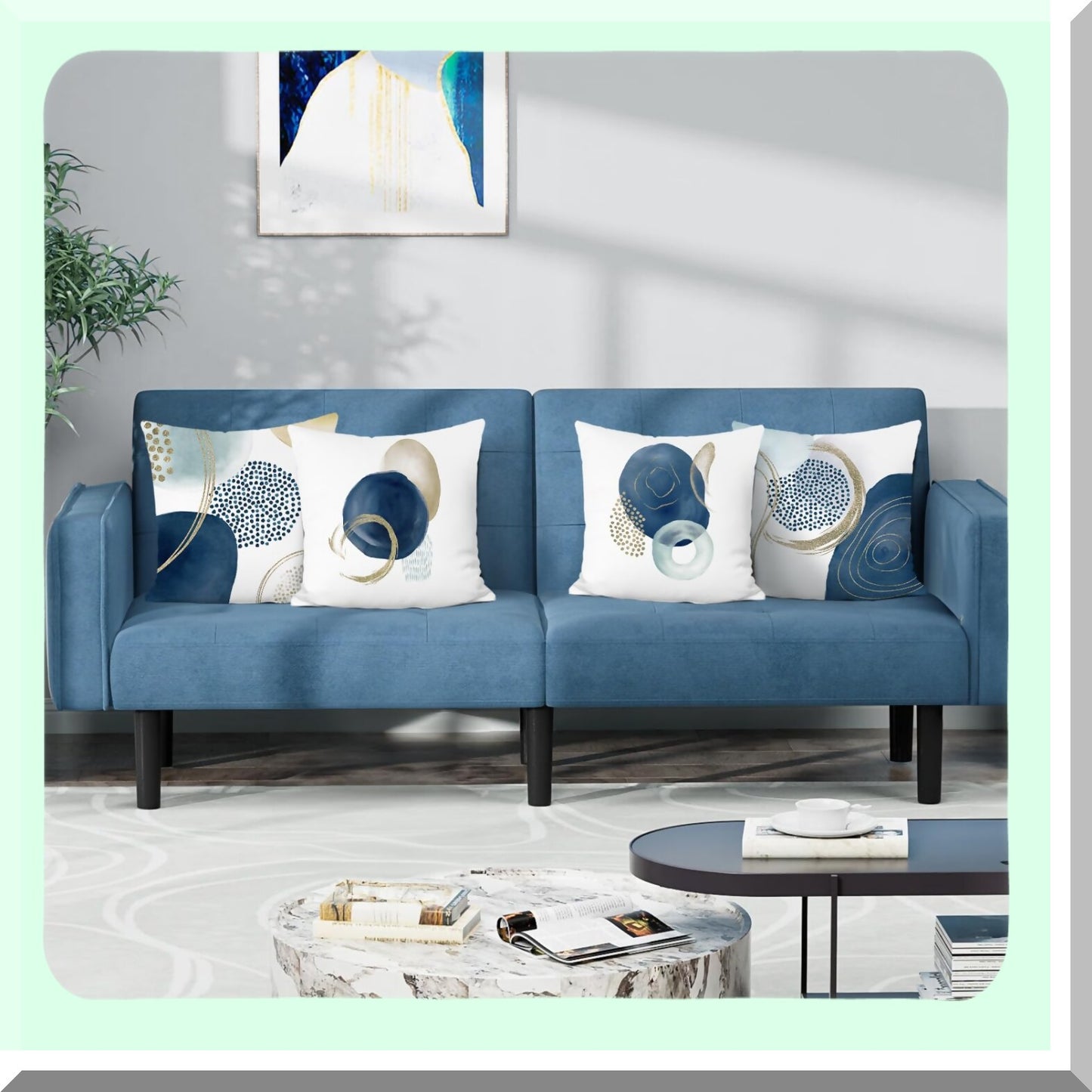 Blue Geo Boho Pillow Covers - Set of 4 | 18x18 Inch Mid Century Modern Minimalist Decorative Cushion Cases for Couch, Sofa, Bed - Abstract Home Decor