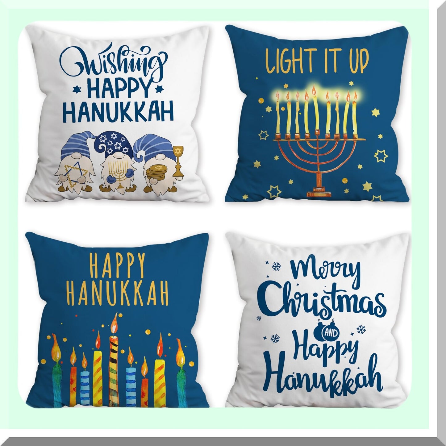 Rustic Gnomes Hanukkah Pillow Covers Set - Chanukah Decor Cushion Case 18x18 - Holiday Sofa-Bedroom Outdoor Decorations - Candles Theme
