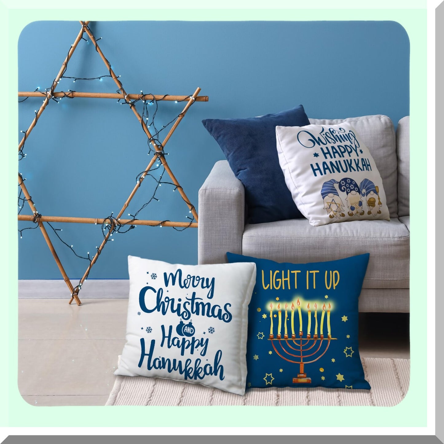 Rustic Gnomes Hanukkah Pillow Covers Set - Chanukah Decor Cushion Case 18x18 - Holiday Sofa-Bedroom Outdoor Decorations - Candles Theme