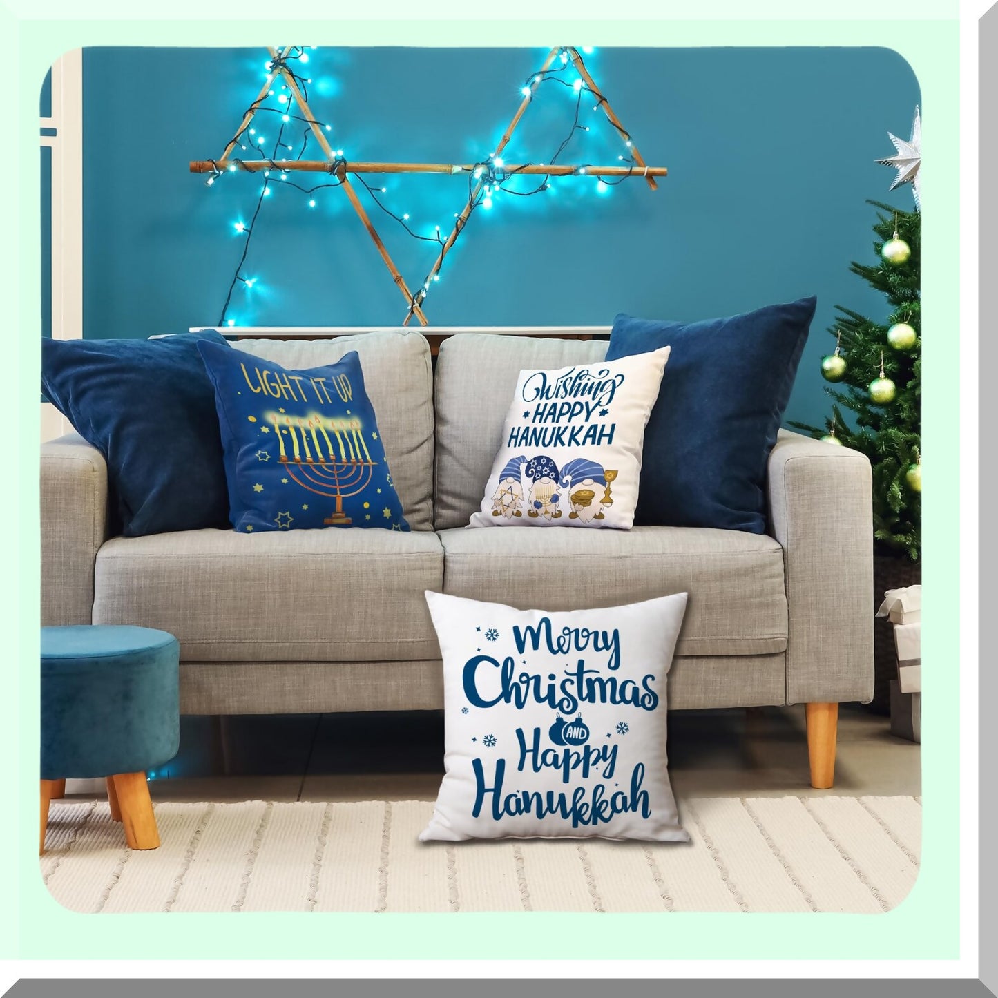 Rustic Gnomes Hanukkah Pillow Covers Set - Chanukah Decor Cushion Case 18x18 - Holiday Sofa-Bedroom Outdoor Decorations - Candles Theme