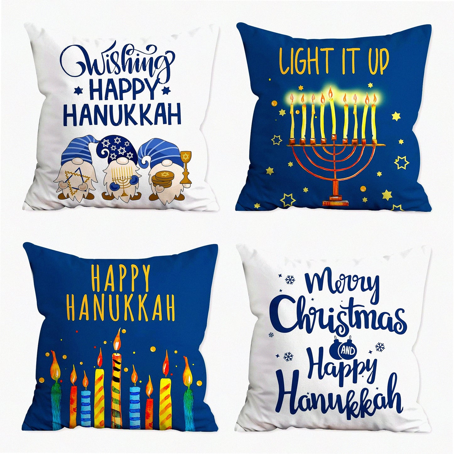 Rustic Gnomes Hanukkah Pillow Covers Set - Chanukah Decor Cushion Case 18x18 - Holiday Sofa-Bedroom Outdoor Decorations - Candles Theme